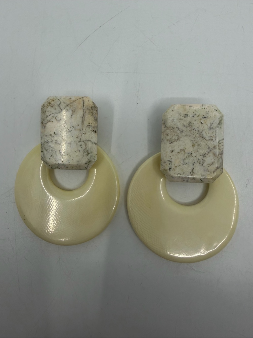 Vintage Cream Marble-Top Hoop Drop Earrings
